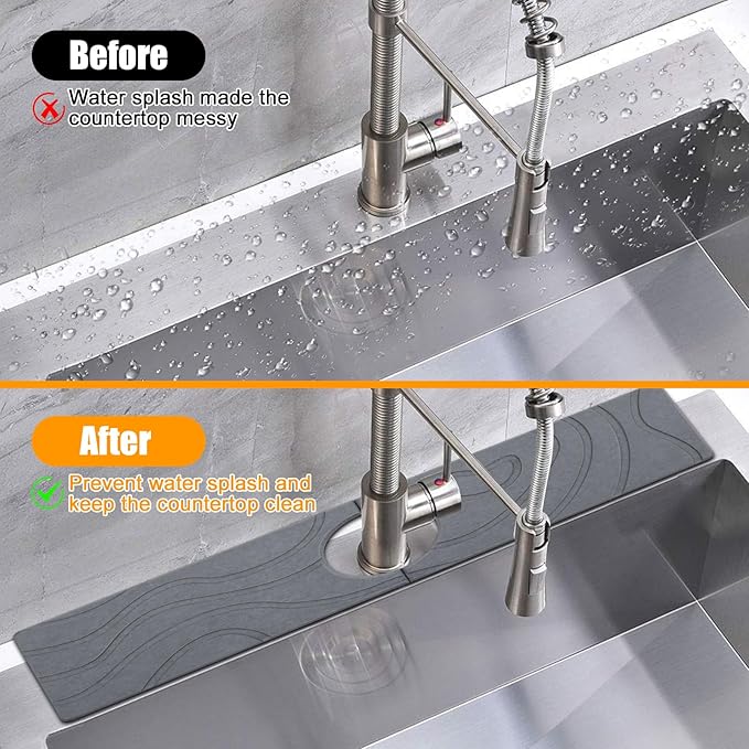 2-Pack Faucet Mat for Kitchen Sink, Diatomite Quick Drying Stone Mat, Splash Guard & Drip Catcher for Faucet Bathroom Counter - Dark Grey (15.7"x4")
