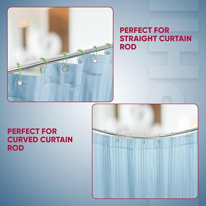 Shower Curtain Hooks Rust Proof (Set of 12) - Stainless Steel Shower Curtain Rings - Anti Slip Roller Balls for Easy Glide (Secure Lock Hooks, Lime Green)
