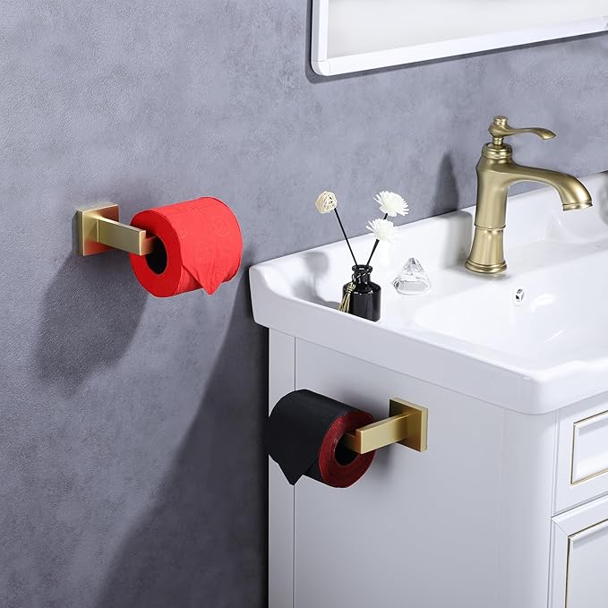 LANC Gold Toilet Paper Holder, Bathroom Toilet Paper Roll Holder Wall Mounted for Bathroom RV, Modern TP Holder Tissue Dispenser Hangers Square Stainless Steel Brushed Gold, A8807BG