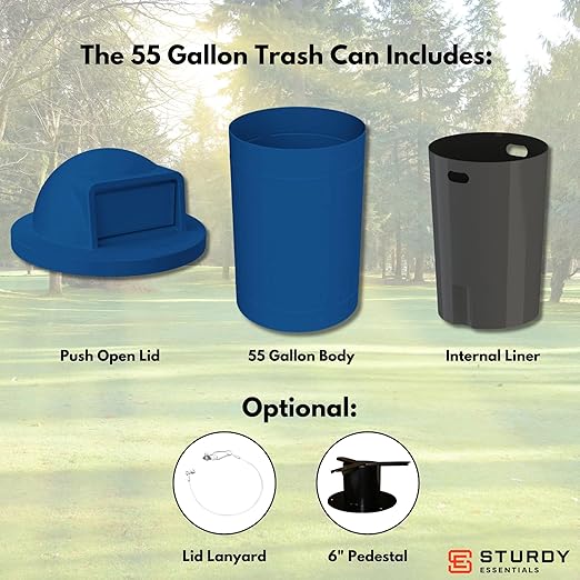 Campus Collection 55 Gallon Round Heavy-Duty Plastic Commercial Outdoor or Indor Trash Can with Push Open Dome Lid and Internal Liner | Great for Schools and Businesses - Blue
