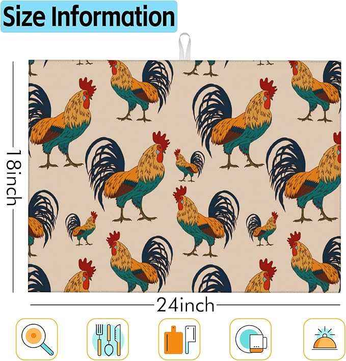 Large Dish Drying Mat for Kitchen Counter,18"X24" Beautiful Rooster Cock Super Absorbent Reversible Microfiber Dish Drying Mat Dish Drainer Mat,Dishes Mat Drying Pad for Kitchen Countertop Coffee Bar