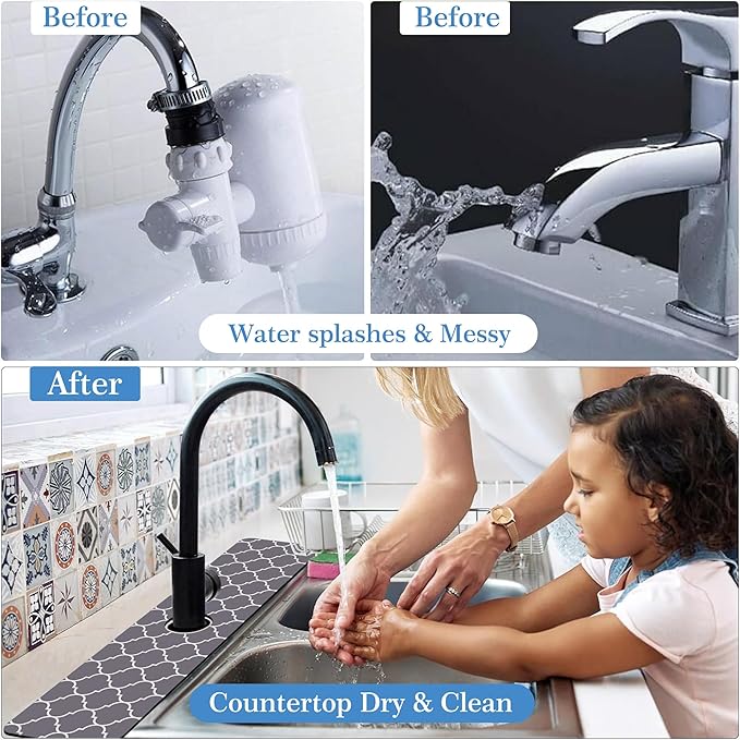 Faucet Mat for Kitchen Sink Stylish Grey Moroccan Art, Soft Diatom Mud Material, Strong Water Absorption, Non-slip, Easy to Clean for Bathroom, Kitchen 23.5"X5.5"