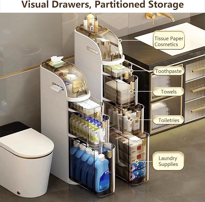 4-Tiers Narrow Bathroom Floor Storage Cabinet 7.1″ Plastic Drawers Organizer with Tissue Box and Wheels Slim Waterproof Bathroom Cabinet for Small Kitchen Laundry Living Room Toilet Gap