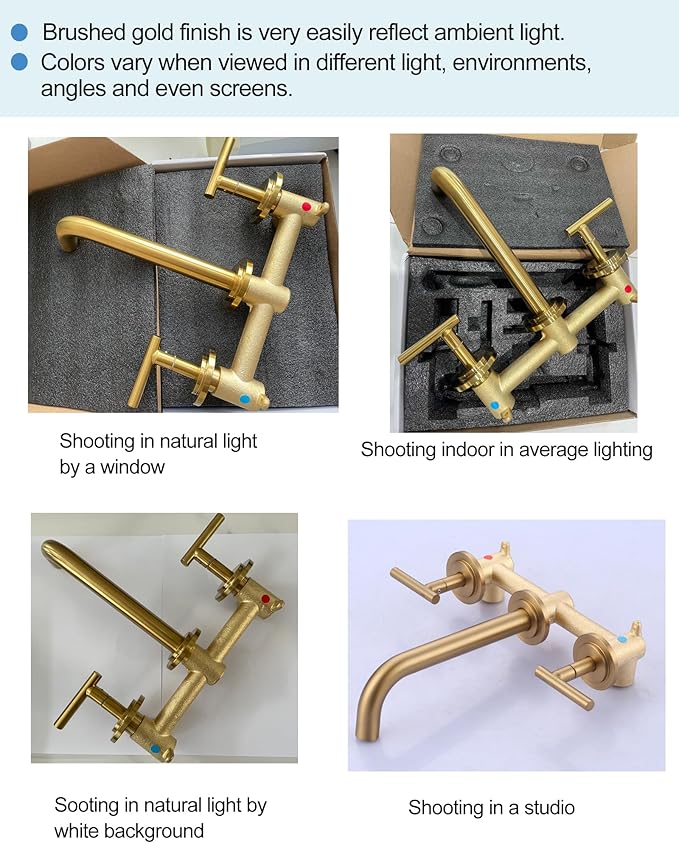 WOWOW Wall Mount Bathroom Faucet Gold Wall Faucet High Flow Two Handles Stainless Steels,Long Spout Reach,Widespread Bathroom Sink with Rough-in Valve 3 Holes Elegant Classic Spout