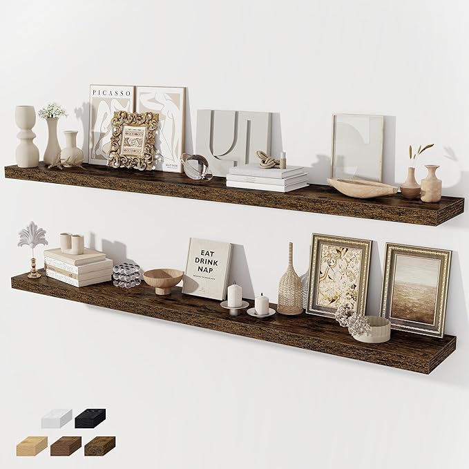 Floating Shelves for Wall, 66 Inch Floating Shelves Set of 2, Wall Mounted Rustic Wood Shelf for Bathroom, Living Room, Bedroom and Kitchen, Hanging Shelf for Storage, Books, Home Decor, Rustic Brown
