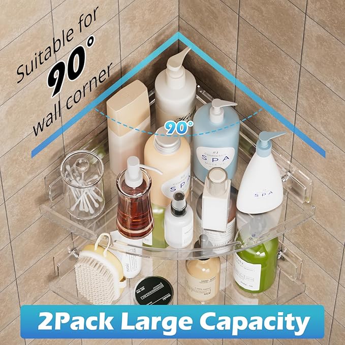 2 Pack Acrylic Corner Shower Caddy, Clear Corner Shower Shelf with 4 Hooks, Adhesive Wall Mounted Bathroom Shower Shelf Organizer for Inside Shower & Kitchen Storage