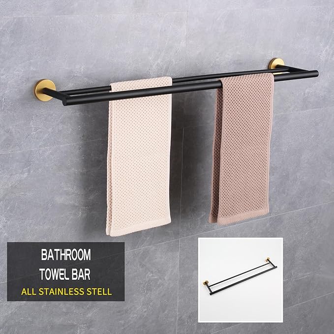 GERZWY Bath Double Towel Bar 30-Inch Stainless Steel Bathroom Towel Rail Wall Mounted Hand Towel Holder Black & Gold