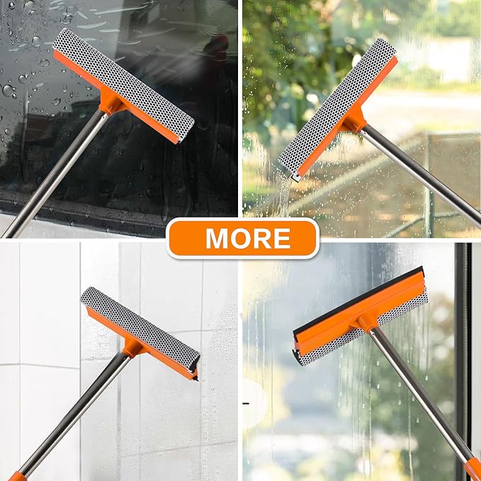 2 in 1 Window Squeegee for Home,15.9" Car Window Cleaner with Long Stainless Steel Handle,Sponge Car Squeegee for Gas Station, Glass,Shower,Outdoor High Window Cleaning