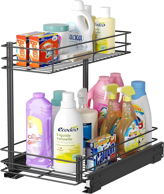 HANKEY Pull Out Cabinet Organizer Under Sink 2-Tier Slide out Shelves and Storage for Kitchen Bathroom Pantry Organization Sliding Pull-out Home Organizers,Metal,Black