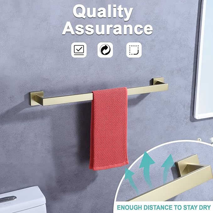 LANC 2-Pack 16-Inch Brushed Gold Bathroom Towel Bars, Total-18 Square Towel Racks Single Hand Towel Holders SUS304 Stainless Steel Wall Mount Lavatory Towel Hanger Towel Rods,A8804-4BG