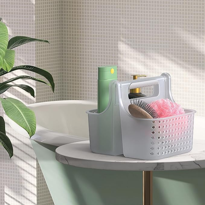 Brookstone Portable Shower Caddy Basket - BPA Free Hard Plastic Shower Caddy with Handle, College Dorm Room Essentials for Bathroom Accessories and Cabinet Organizer, Frosted Clear