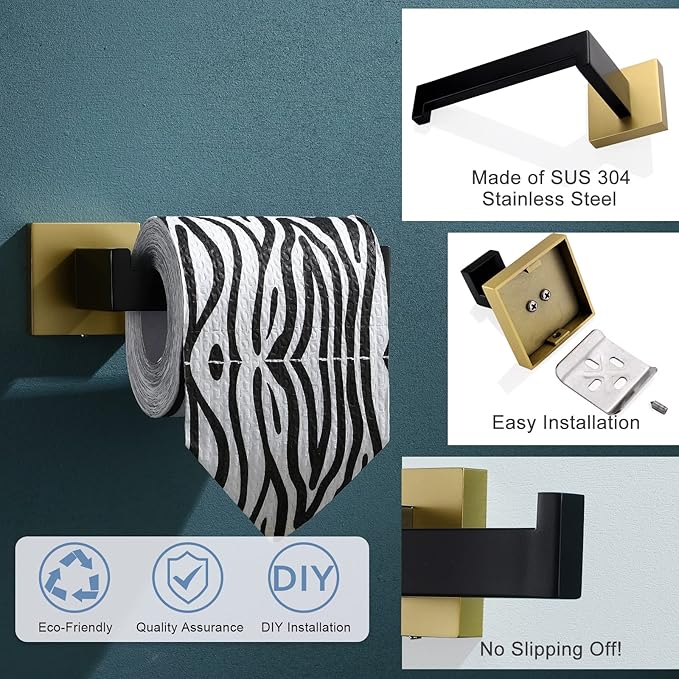 TQKAG Matte Black and Brushed Gold Toilet Paper Holder SUS304 Stainless Steel, Modern Square Tissue Roll Holders Wall Mount, Toilet Paper Roll Dispenser for Kitchen Washroom
