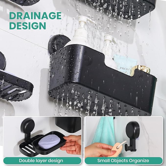 Shower Caddy, Bathroom Organizers and Storage, 6 Pack Adhesive Organizers and Storage with No Drilling Hanging Shower Shelf, Removable Plastic Bathroom Accessories, Black