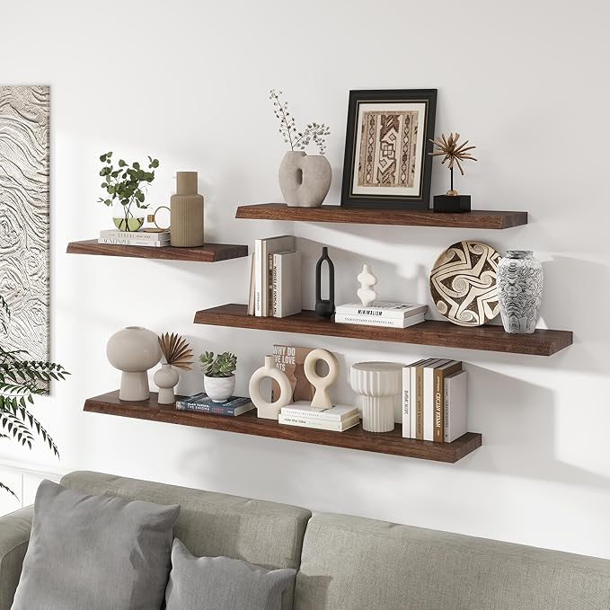 Live Edge Elm Floating Shelves For Wall - 55" W x 9.3" D Rustic Solid Long Wood Shelves with Invisible Bracket, Wall-Mounted Storage & Display Shelf for Living Room Bedroom Kitchen, Set of 2, Walnut