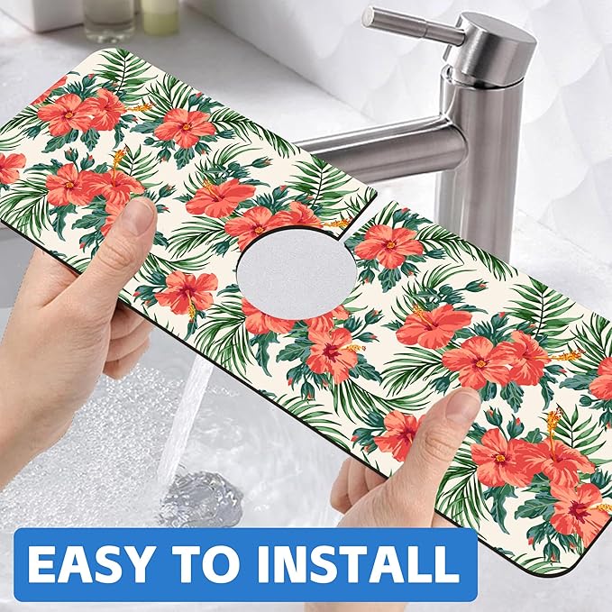 Tropical Leaves and Red Floral Kitchen Sink Splash Guard Mat Absorbent Fast Drying Mat Faucet Draining Mat Sink Splash Guard Behind Faucet Drip Catcher for Kitchen Bathroom 5.5"×15"