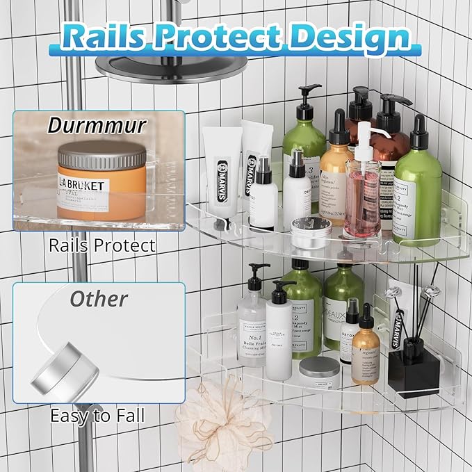 2 Pack Acrylic Corner Shower Caddy, Clear Corner Shower Shelf with 4 Hooks, Adhesive Wall Mounted Bathroom Shower Shelf Organizer for Inside Shower & Kitchen Storage