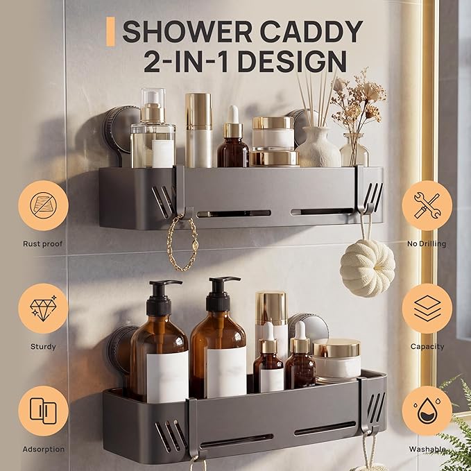 2-Tier 304 Stainless Steel Suction Cup Square Shower Caddy, Rustproof No Drilling Bathroom Square Storage Shelf