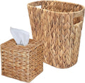 PINXIURY Water Hyacinth Tissue Box Cover, Natural Handmade Wicker Napkin Box Holder and Bathroom Wicker Trash Can, Handwoven Wicker Waste Basket with Handles for Bedroom, Kitchen, Office and Bathroom