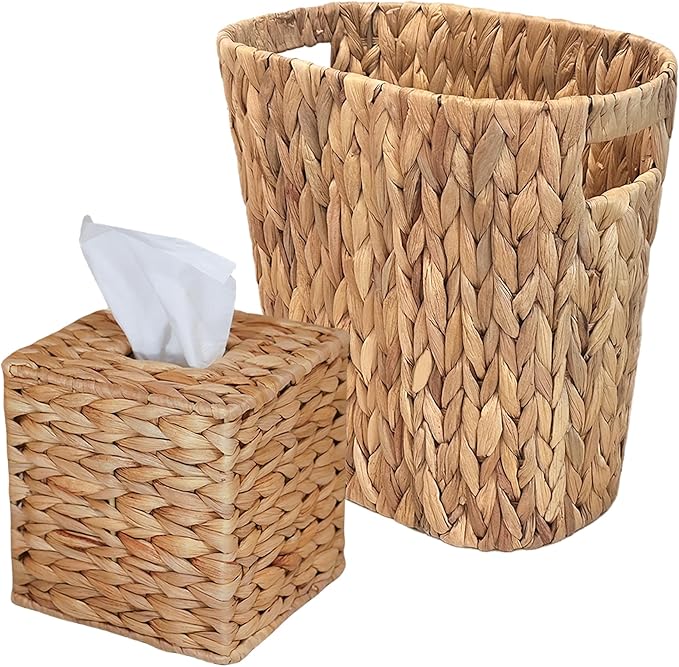 PINXIURY Water Hyacinth Tissue Box Cover, Natural Handmade Wicker Napkin Box Holder and Bathroom Wicker Trash Can, Handwoven Wicker Waste Basket with Handles for Bedroom, Kitchen, Office and Bathroom