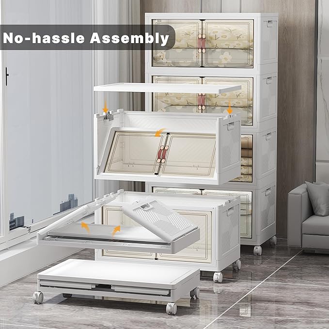 Extra Large Stackable Storage Bins with Lids & Wheels & Door, 640QT-160QT/40GAL*4Pack Foldable Collapsible Closet Organizers, Plastic Containers Drawers for Bedroom Dorm Garage Sturdy MAX