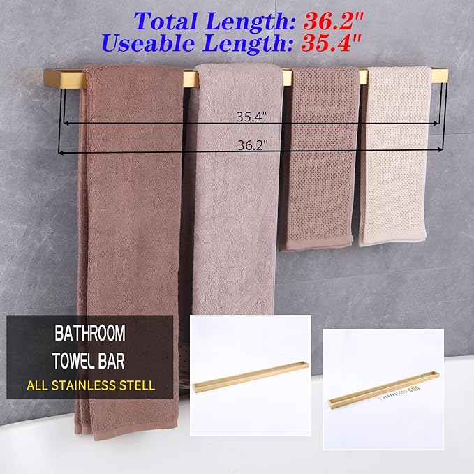 GERZWY Gold 36-Inch Bathroom Towel Bar Stainless Steel Bath Towel Bar Modern Style Wall Mount HG17703-BE