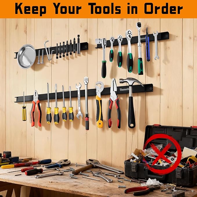 24" Magnetic Tool Holder Strip, 6 Pieces Black Metal Tool Organizer Rack with Stainless Steel Surface, Magnet Bar for Garage Workshop, Easy To Install with Mounting Screws