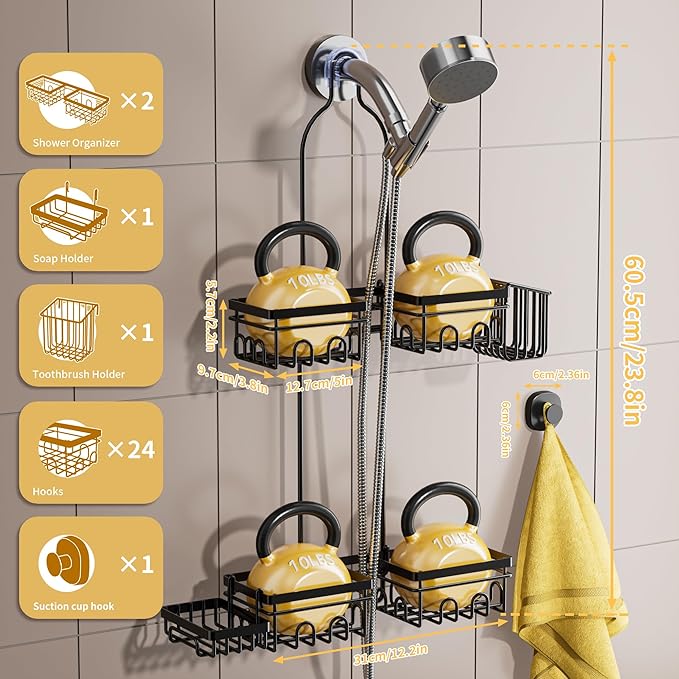 Shower Caddy Hanging - Shower Caddy for Handheld Shower Heads with Soap holder, Toothbrush Holder & Suction Hook, Universal 0.82-inch Fit with Non-Slip Rubber Pad, Black