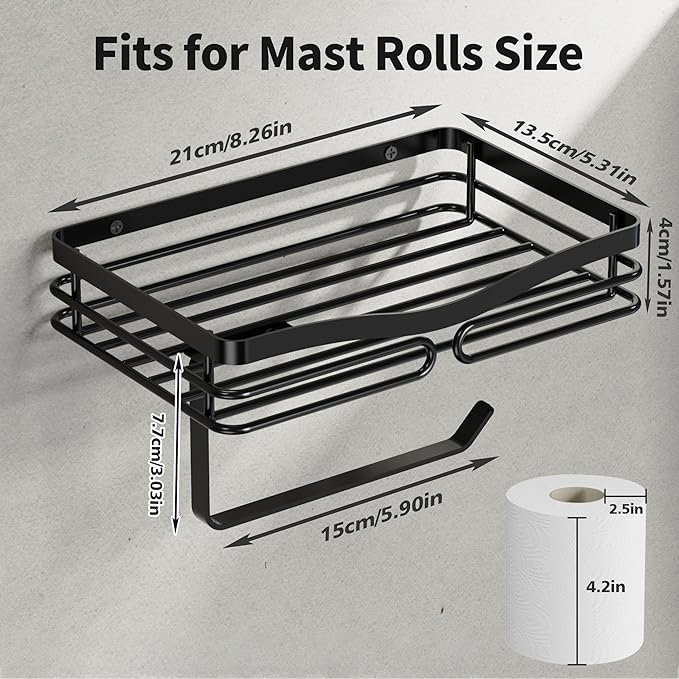 YIGII Toilet Paper Holder with Shelf, Adhesive or Drilling Tissue Roll Holder for Bathroom, Rustproof Toilet Roll Holder Wall Mounted for Phone, Wipe Storage (Matte Black)