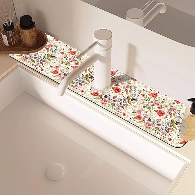 Abstract Red Pink Floral Dish Drying Mat for Kitchen Sink Splash Guard Behind Faucet Sink Mat Absorbent Fast Drying Faucet Draining Mat for Bathroom Kitchen 5.5"×24"