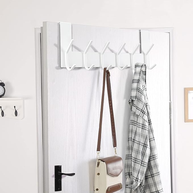 Dseap Over The Door Hook Hanger - 6 Hooks Over Door Coat Rack for Hanging Clothes Hat Towel, White