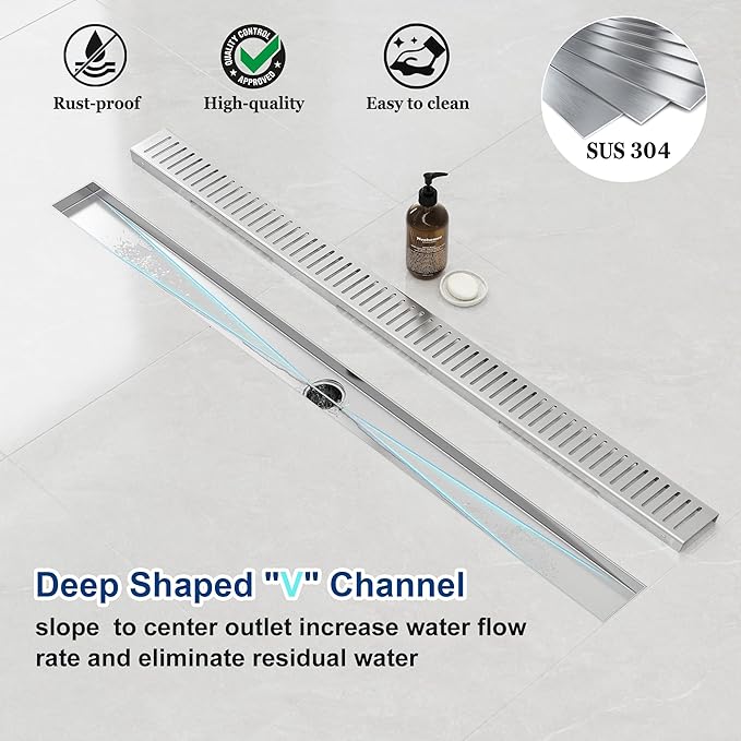 Neodrain 36" Brushed Linear Shower Drain Shower Linear Drain, Removable Capsule Pattern Grate, Bathroom 304 Stainless Steel Rectangle Shower Floor Drains- CUPC Certified