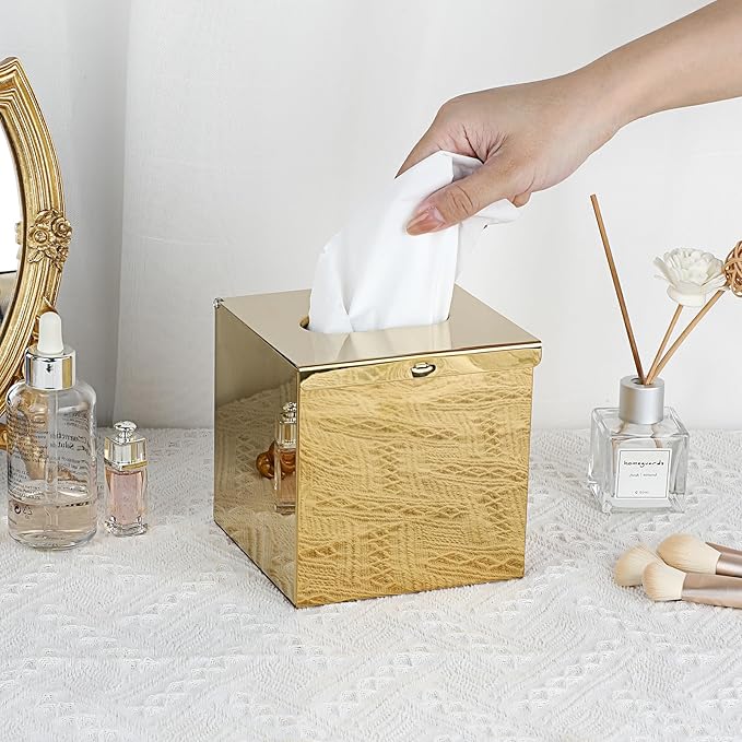 Sumnacon Tissue Box Cover Square Stainless Steel Tissue Box,Wall Mount Tissue Box Holder with Srews,Stylish Tissue Holder for Bathroom Toilet Bedroom Living Room Kitchen Table Desk Office, Gold