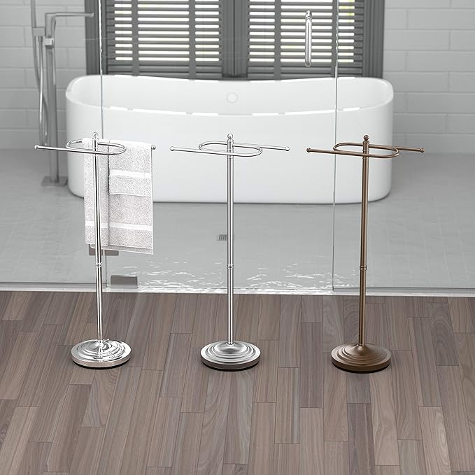 Gatco 1506, Modern Round Base Floor Standing S Style Towel Holder, Satin Nickel / 38" H Freestanding Hand Bath Towel Stand for Bathroom