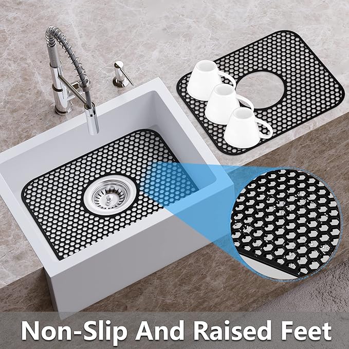 Sink Protectors for Kitchen Sink,2 PCS Silicone Kitchen Mat 13.58"x11.6",Non-Slip Bottom Guard Compatible with Farmhouse/Stainless Steel/Porcelain(Black, Ceter Drain)