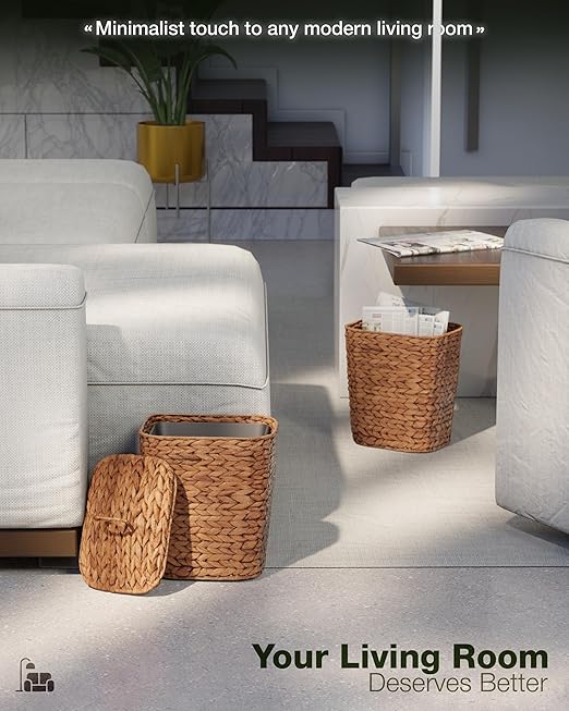 BLUEWEST 2.6 Gallon Wicker Trash Can with Lid, Handwoven Rattan Trash Can, Woven Decorative Wastebasket, Wicker Waste Basket with Removable Plastic Inner Bin for Bathroom, Bedroom, Office, or Kitchen