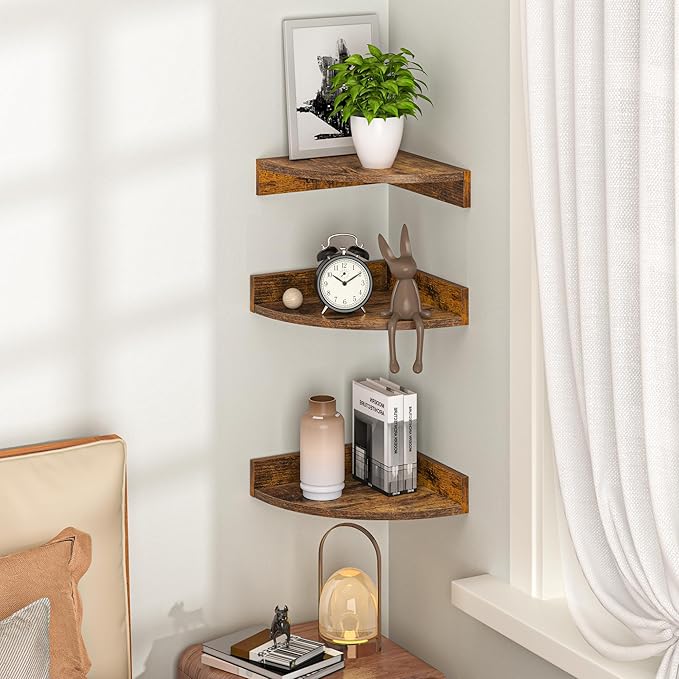 Fun Memories Corner Shelf Wall Mount, Wood Floating Corner Shelves, Corner Wall Shelf for Bedroom, Bathroom, Kitchen, Living Room (Brown, 3 Pack)