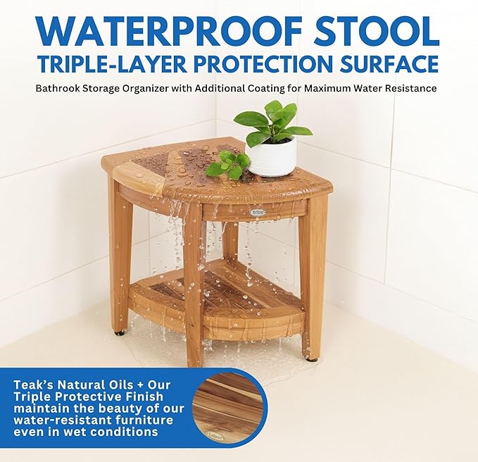 EcoDecors Corner Teak Shower Bench with Shelf – 16” x 18" Height- Teak Shower Stool with Shelf, Waterproof, 350lb Capacity Non-Slip | for Inside Shower | Tool-Free Assembly | Aging in Place