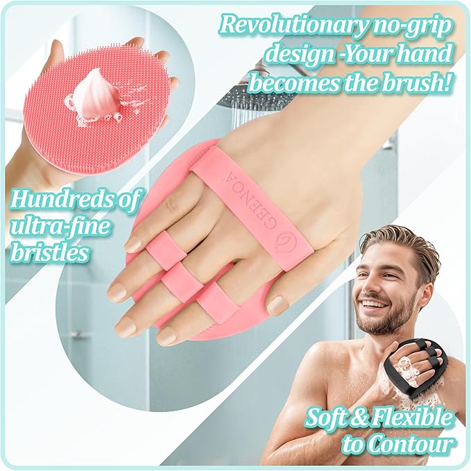 Upgrade Silicone Bath Glove 2PCS, 360° Anti-Slip & Enlarged Silicone Body Scrubber for Rich Foam Deep Cleaning, Revolutionary No-Grip & Hand-fit Shower Scrubber for All Skin Types(Black+Pink)