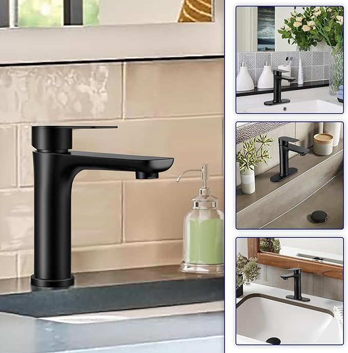 Homikit Matte Black Bathroom Faucet for 1 Hole or 3 Holes, 18/10 Stainless Steel Single Handle Bathroom Sink Faucets for RV Vanity Basin Lavatory Bath with Pop Up Drain & 2 Supply Hoses