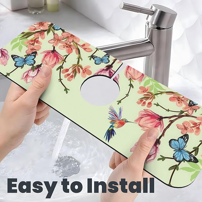 Bird Floral Flowers Dish Drying Mat for Kitchen Counter, 18"x24" Microfiber Absorbent Fast Dry Mat, 2Pcs Dish Mat Faucet Mats Sets, Large Drying Kitchen Mat Kitchen Drying Pad Coffee Bar Decor Gifts