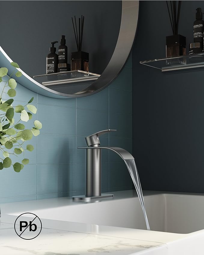 FORIOUS Waterfall Bathroom Faucet 1 Hole, Brushed Nickel Single Handle Bathroom Sink Faucets for 1 or 3 Hole with Deck Plate, Metal Pop up Drain, cUPC Hoses for Vanity, Basin, Rv, Lavatory Sink
