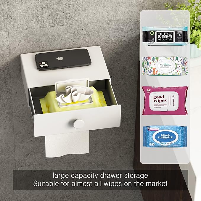 VOLDRA Toilet Paper Holder with Shelf White Wipes Dispenser for Bathroom Toilet Paper Holder with Storage Upgrade Drawer Design Toilet Tissue Holder Adhesive Small Bathroom Shelf Wall Mount