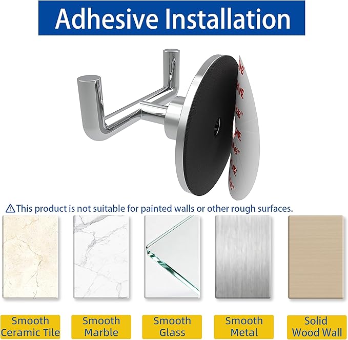 Ruacq Adhesive Double Towel Hook Chrome Round Base Bathroom Robe Self-Adhesive Towel Holder Hand Towel Hanger Stainless Steel and Zinc Alloy Modern Polished Chrome