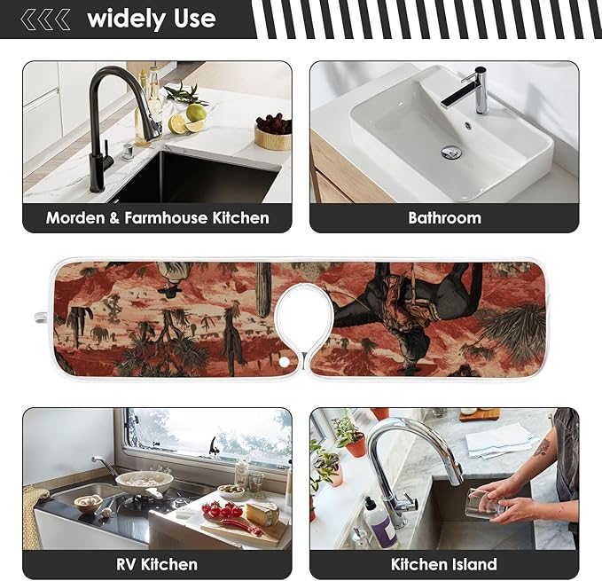 2 PCS Kitchen Sink Splash Guard 14.9 Inch Faucet Mat for Kitchen Sink Bathroom Sink Faucet Absorbing Drip Drain Mat Pad Microfiber Soft Washable Brown Red Cowboys Horses Cactus Desert