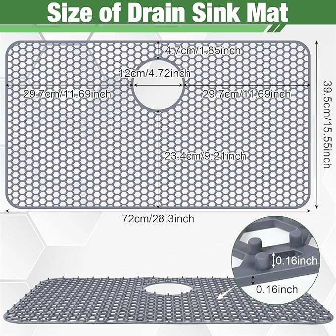 Sink Protectors Mat - 28.3"x15.55" Kitchen Sink Pad for Bottom of Basin for Protection of Stainless Steel and Tableware, Farmhouse Rubber Basin Mat Protector with Rear Drain - Light Gray