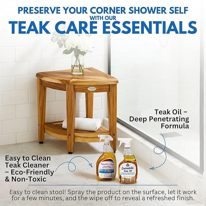 EcoDecors Corner Teak Shower Bench with Shelf – 16” x 18" Height- Teak Shower Stool with Shelf, Waterproof, 350lb Capacity Non-Slip | for Inside Shower | Tool-Free Assembly | Aging in Place