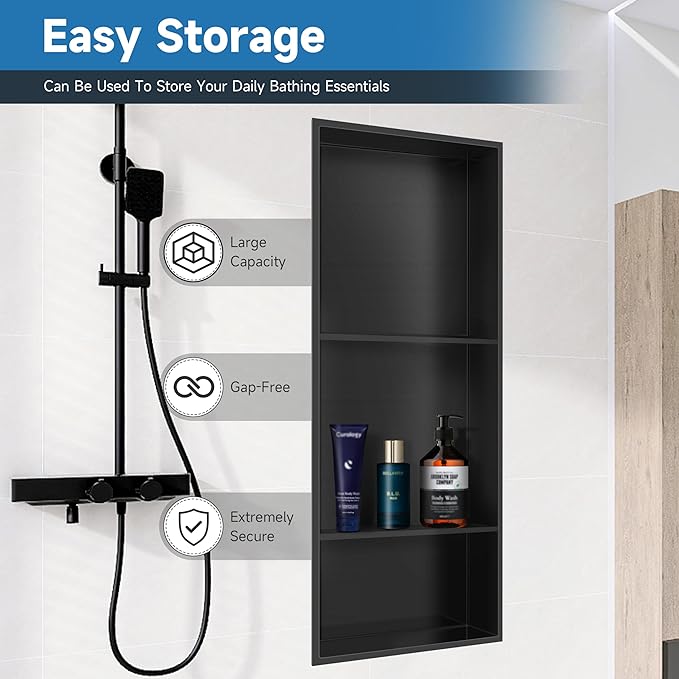Shower Niche 13 × 31 Black, 3 Shelves Wall Niche Recessed Shelf for Bathroom Storage, Shower Niche Insert Tile Ready No Tile Needed Over Mount Installation