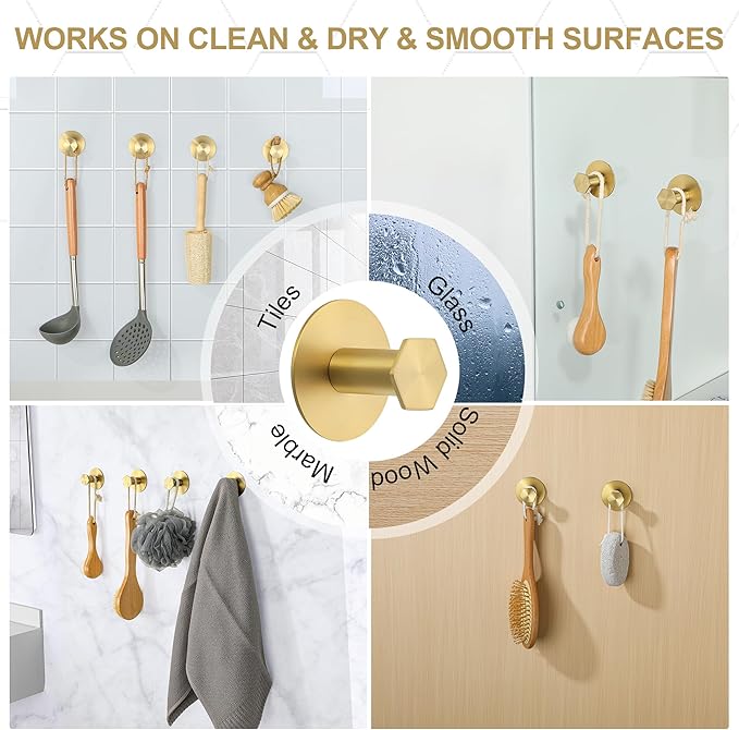 SAYAYO Adhesive Hooks for Hanging Coat, Hat, Robe, Brushes, Stick on Towel Hooks for Bathroom Kitchen, Waterproof SUS304 Stainless Steel Sticky Wall Hooks, No Nails, 4 Pack, Brushed Gold
