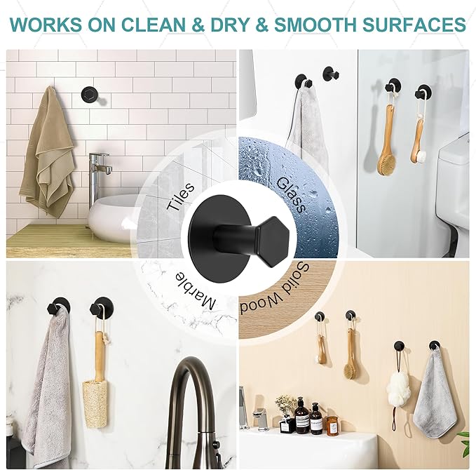 SAYAYO Adhesive Hooks for Hanging Coat, Hat, Robe, Brushes, Stick on Towel Hooks for Bathroom Kitchen, Waterproof SUS304 Stainless Steel Sticky Wall Hooks, No Nails, 4 Pack, Black