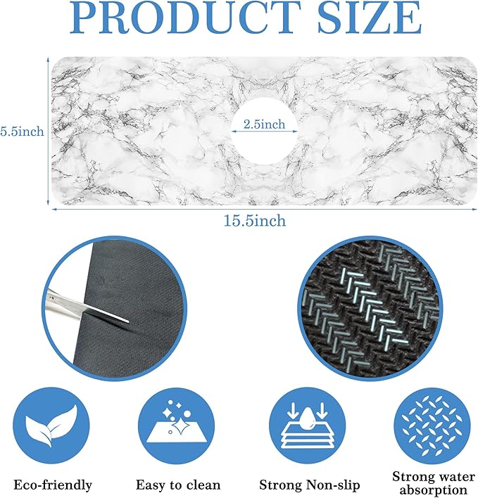 Faucet Mat for Kitchen Sink White Marble Texture, Soft Diatom Mud Material, Strong Water Absorption, Non-Slip, Easy to Clean for Bathroom, Kitchen 15"X5.5"